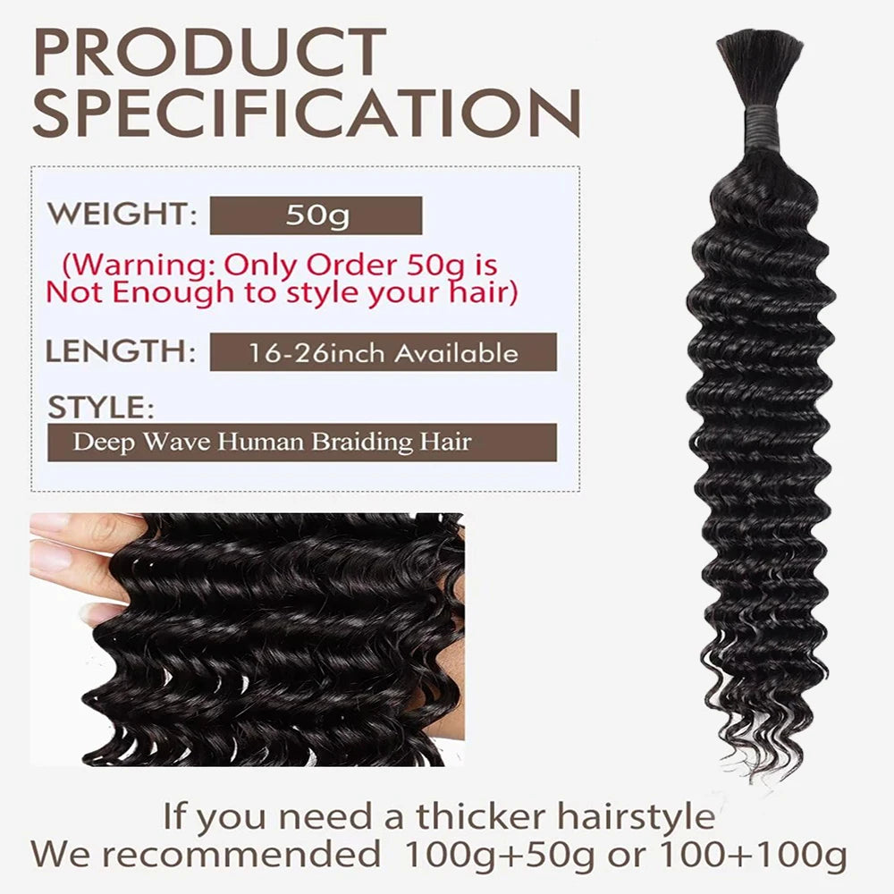 Human Braiding Hair for Boho Braids Bohemian Deep Wave Bulk 100%