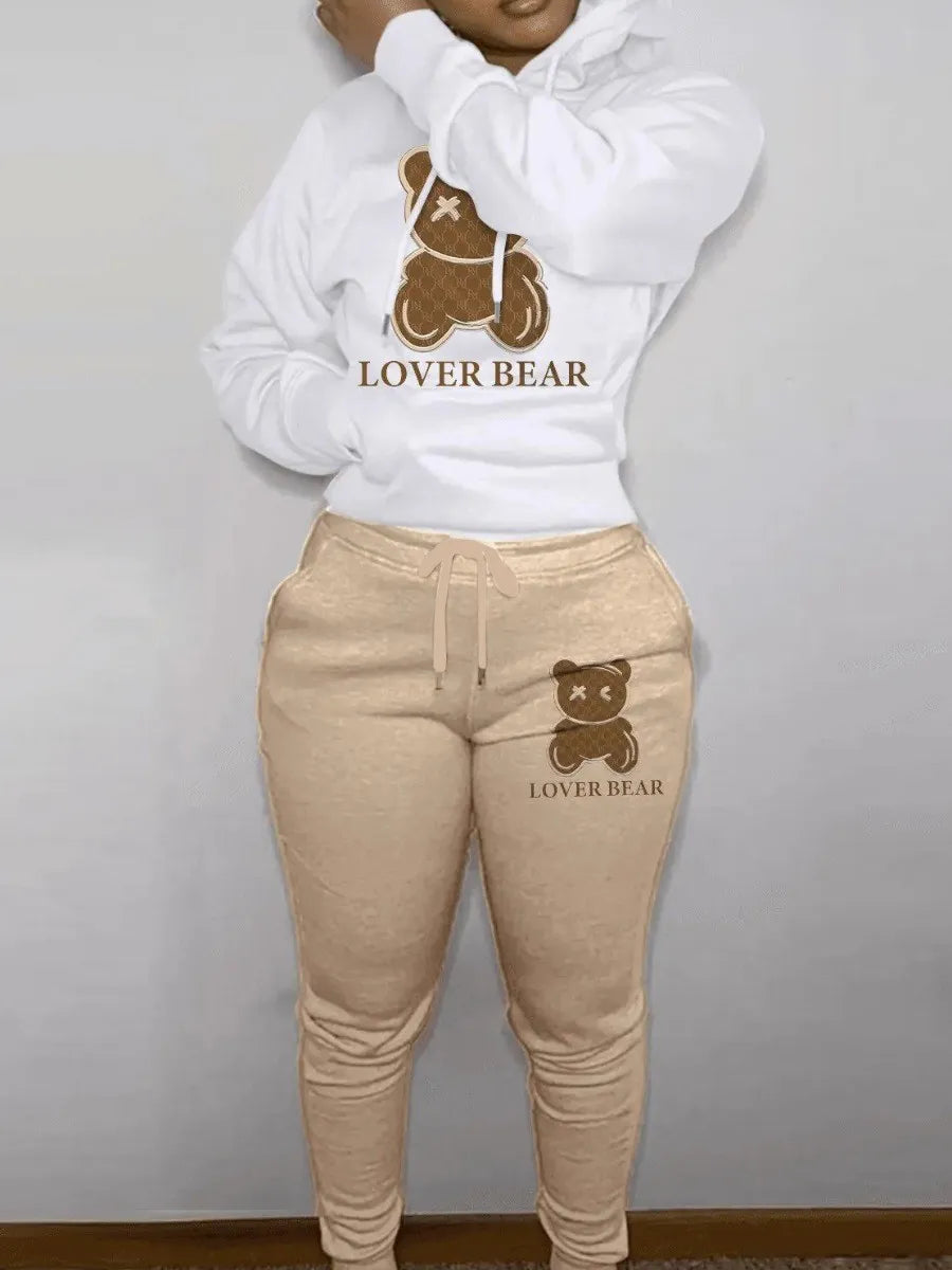 LW Lovely Bear Letter Print Kangaroo Pocket Tracksuit Set Long Sleeve