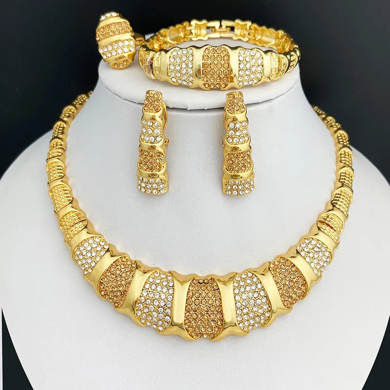 Latest Dubai Gold Color Jewelry Sets Luxury 18K Gold Plated Women Necklaces Earrings