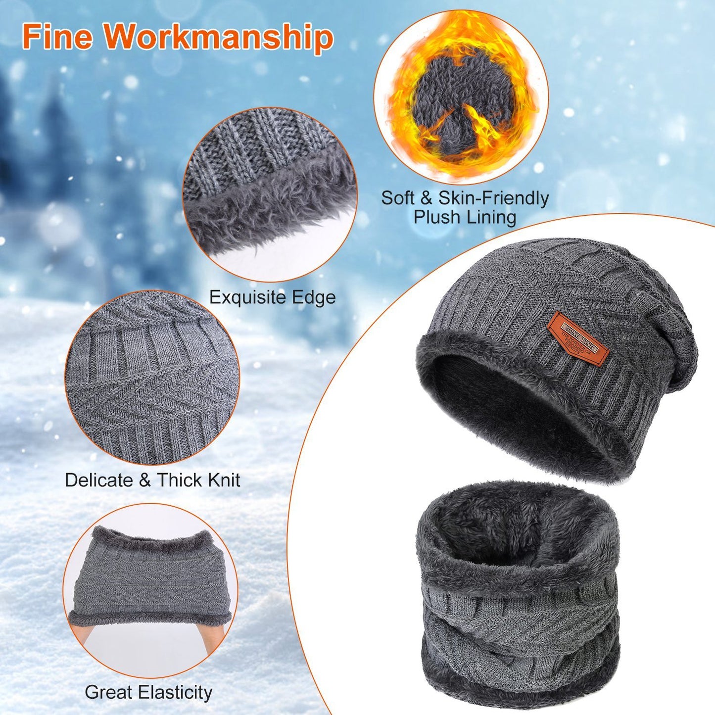 3Pcs Winter Knitted Hat Scarf Gloves Winter Warm Beanie and Touch Screen Glove