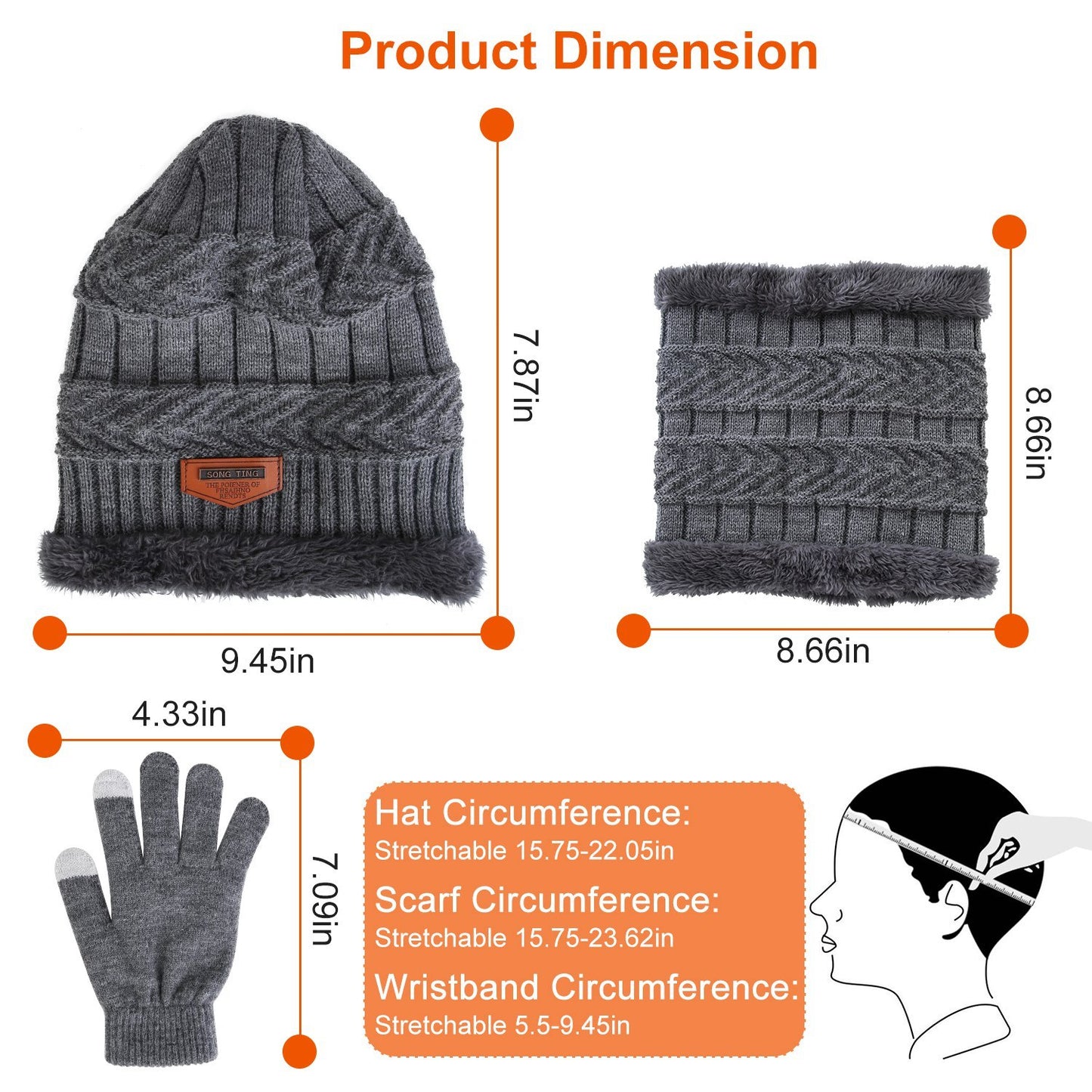 3Pcs Winter Knitted Hat Scarf Gloves Winter Warm Beanie and Touch Screen Glove