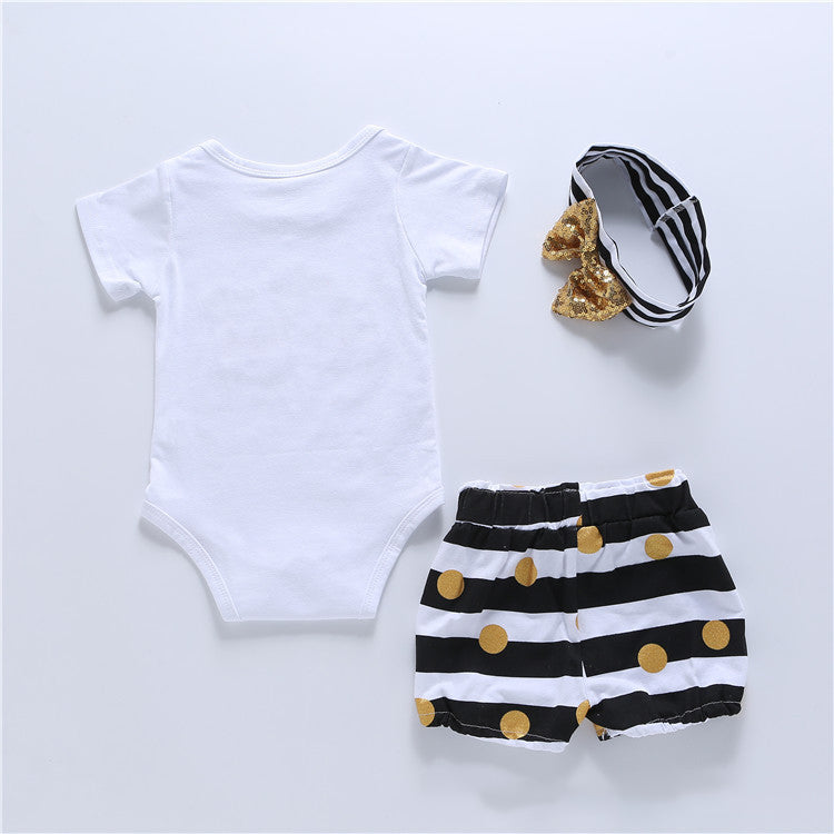 White Short Sleeved Letter Printed Romper Striped Printed Shorts  Turban Three  Piece Suit