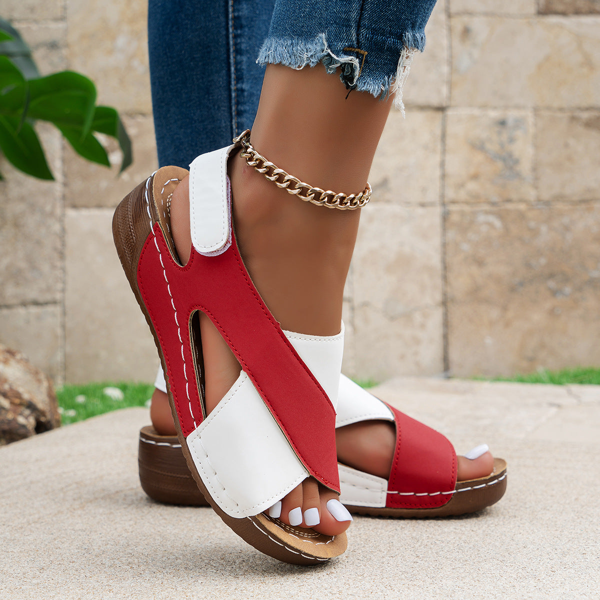 Summer Wedges Sandals with Colorblock Cross-strap Design