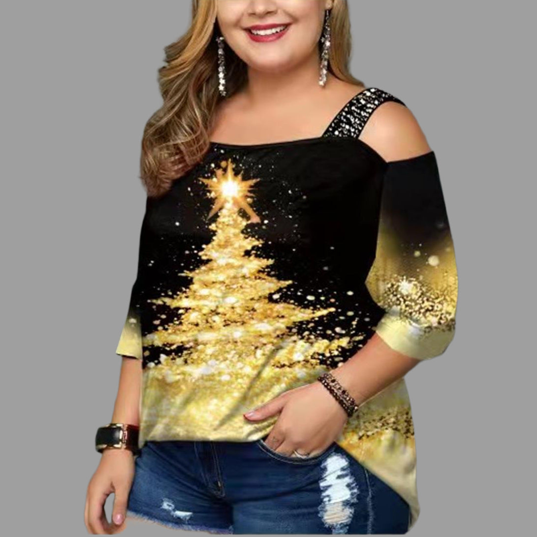 Women's Christmas Tree Print Off-shoulder, Short Sleeve